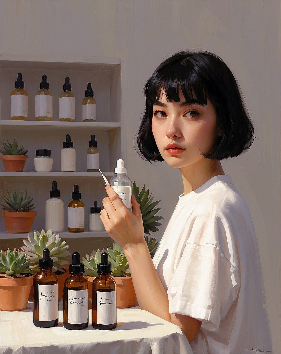 A woman holding a parfum bottle in a clean and sunlit perfume studio.